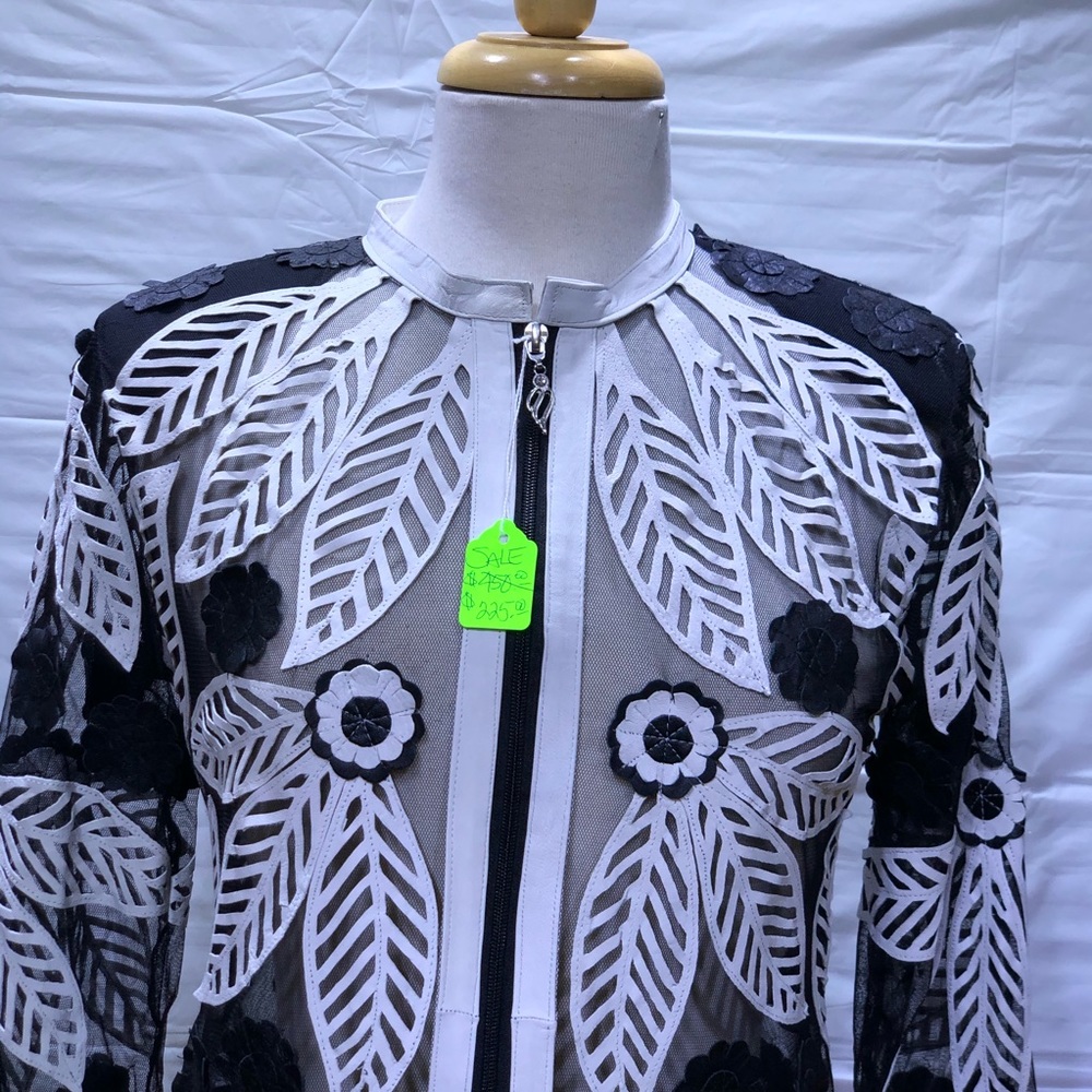 Black and white leather and mesh jacket - Picture 3 of 8